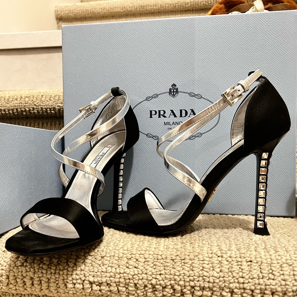 Prada Black Silver Satin Leather Diamond Jeweled CrissCross Ankle Strap Sandals